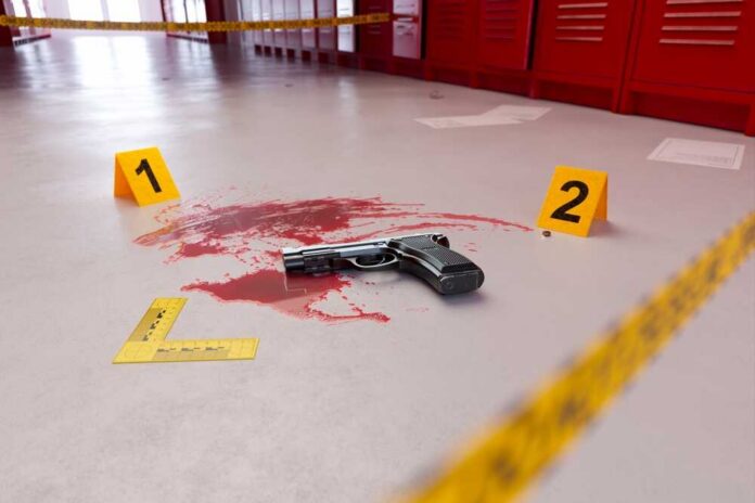 Handgun on a blood-stained floor with evidence markers in a locker room