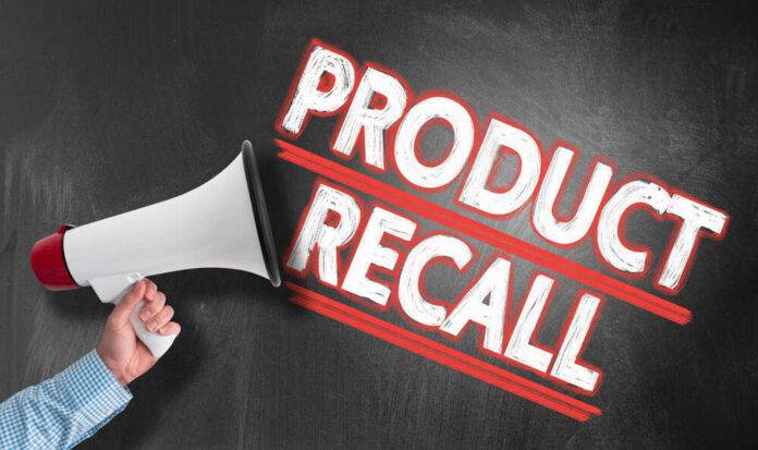 shutterstock_1411356206 Megaphone and Product Recall text on chalkboard.