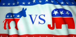 Democratic donkey vs. Republican elephant on American flag background.