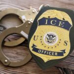Wrong Man? ICE Raid Turns Deadly ICE officer badge next to handcuffs on a wooden surface