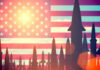 Missiles silhouetted against American flag background with sunset.