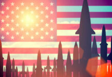 NEW: Trump’s 1,000 Missiles Warning Missiles silhouetted against American flag background with sunset.