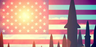 Missiles silhouetted against American flag background with sunset.