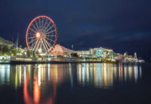 VIDEO: Deadly Gunfire Rips Beloved Festival Ferris wheel and waterfront lights reflecting on water.