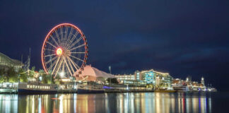 Ferris wheel and waterfront lights reflecting on water.