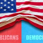 One Vote Flips Control Of Justice American flag draped over a divided background representing Republicans and Democrats