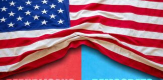 American flag draped over a divided background representing Republicans and Democrats