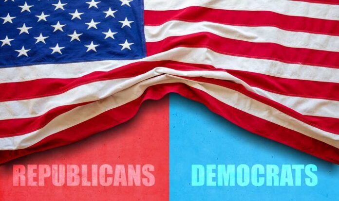 American flag draped over a divided background representing Republicans and Democrats
