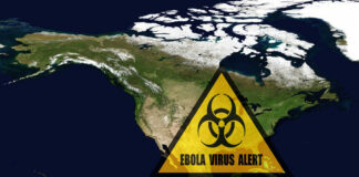 North America map with biohazard warning triangle overlay