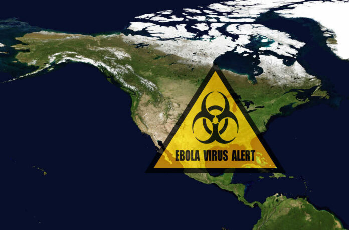 North America map with biohazard warning triangle overlay