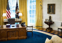 Presidential office with desk, flags, and portraits.