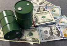 WAR PROFITS Trigger Trump Fury Two green oil barrels placed on a pile of hundred dollar bills