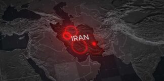 A digital map highlighting Iran with red circles