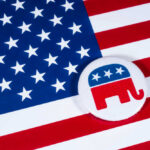 Surprise Upset Scrambles GOP Power American flag and Republican Party elephant logo button.