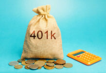 ALERT: Shock Surge In 401(k)s Money bag labeled 401k with coins and an orange calculator