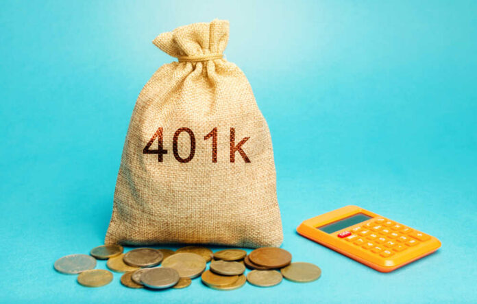 Money,Bag,With,Coins,401k.,Private,Pension,Plan.,Tax-qualified.,Business Money bag labeled 401k with coins and an orange calculator