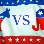 Democratic donkey vs. Republican elephant on American flag background.