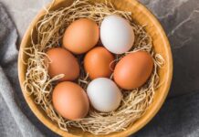 Brown and white eggs in a wooden bowl with straw