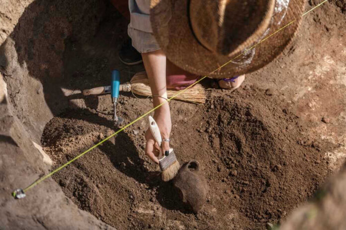 Archaeologist uncovering pottery at a dig site.