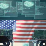 A high-tech workspace featuring multiple computer monitors displaying data and an American flag in the background