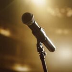 Close-up of a microphone on a stage with soft lighting