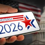 ELECTION RESULT: Octogenarian Rout Stuns Young Rebel Hand holding a smartphone displaying 'MIDTERM 2026' with a star and American flag in the background