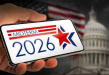 ELECTION RESULT: Octogenarian Rout Stuns Young Rebel Hand holding a smartphone displaying 'MIDTERM 2026' with a star and American flag in the background