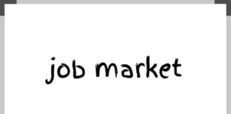 Handwritten phrase 'job market' on a white background