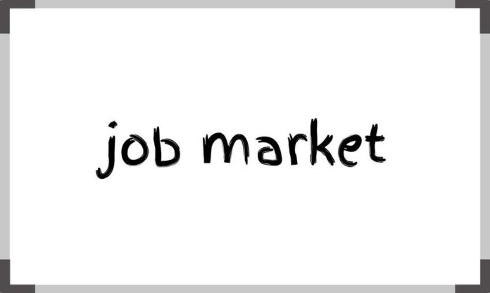 Handwritten phrase 'job market' on a white background