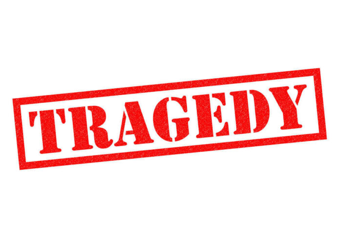 Red tragedy stamp on white background
