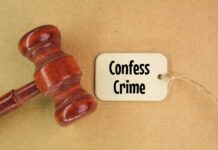 Grim Confession, No Murder Weapon? A wooden gavel next to a tag that reads 'Confess Crime'