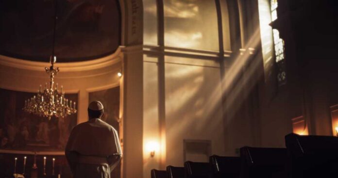The,Pope,Stands,At,The,Altar,,A,Figure,Of,Reverence, A clergy member standing in a church with light streaming through windows