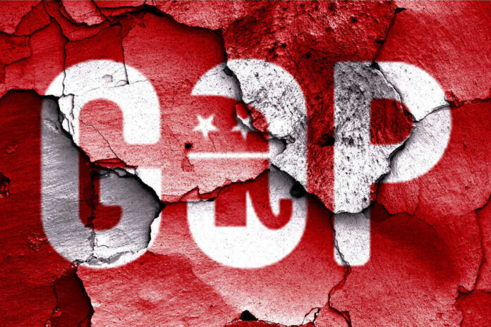 GOP logo with a cracked red background.