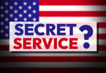 Secret Service text over American flag background.