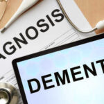 Voice Clues Flag Dementia Risk Medical diagnosis paperwork and a tablet displaying the word Dementia