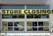 Pool Giant CRATERS – 76 Stores Axed Storefront with a large 'STORE CLOSING!' banner and sale signs