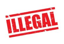 Red 'ILLEGAL' rubber stamp graphic tilted on a white background