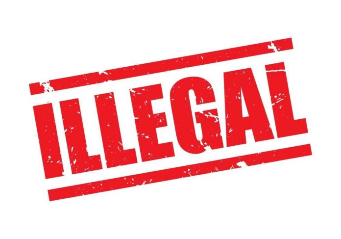 Red 'ILLEGAL' rubber stamp graphic tilted on a white background