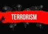 Graphic representation of terrorism with peace symbols and a bold red stripe