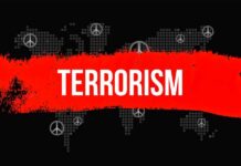 Graphic representation of terrorism with peace symbols and a bold red stripe